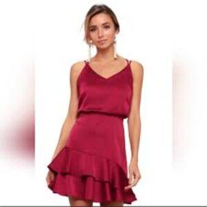 NEW Lulu's On the Floor Fuchsia Satin Ruffle Dress Sz S
